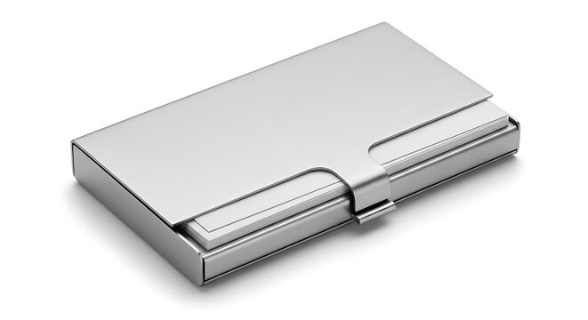 Silver Business Card Holder on White Background.