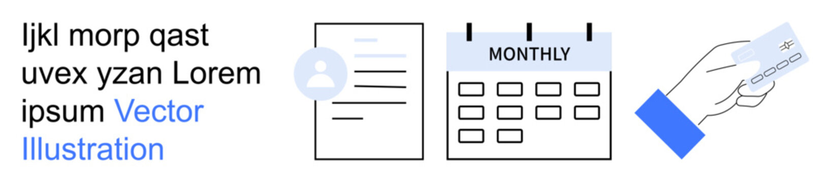 Financial planning, payment processing, billing scheduling, subscription management, budgeting, transaction tracking. Document, calendar and hand holding card. Payment processing and billing