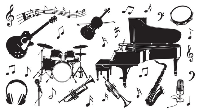 Musical instruments silhouette collection, black and white orchestra equipment set, classical and jazz music icons with notes and grand piano