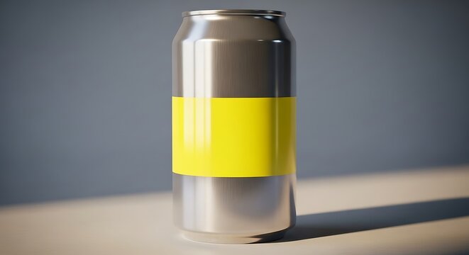 Silver Can with Yellow Label on Table.