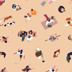 Naklejka premium Repeatable pattern of going and running people top view. Endless background of seen from overhead men and women walking dogs, playing, cycling and hurrying. Flat seamless vector illustration