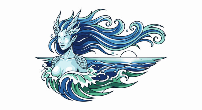 A stylized, pixelated mythical sea creature with flowing blue hair and scales amidst ocean waves