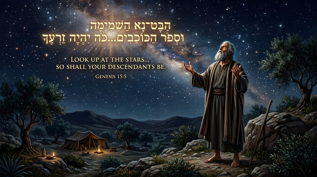 Biblical abraham looking at starry night sky with hebrew and english text from genesis 155, promise of descendants