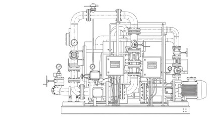 Obraz premium Industrial Pump System with Valves and Pipes Diagram Blueprint