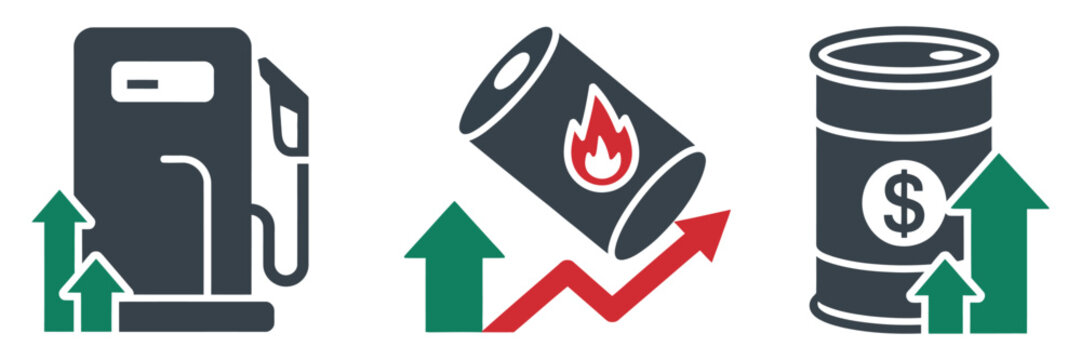 Fuel gas price decrease icon set, vector illustrations representing falling fuel costs, gasoline price reduction, energy market savings, and transportation economics for finance, energy, and retail 