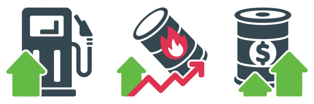 Fuel gas price decrease symbol pack, modern flat icon set showing declining fuel prices, cost reduction trends, petrol savings, and energy affordability concepts for economic analysis, dashboard 
