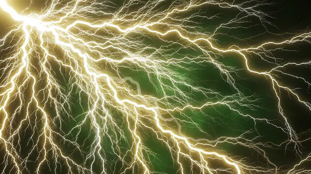 Lightning bolt in green sky highlighting geometric patterns and contemporary art