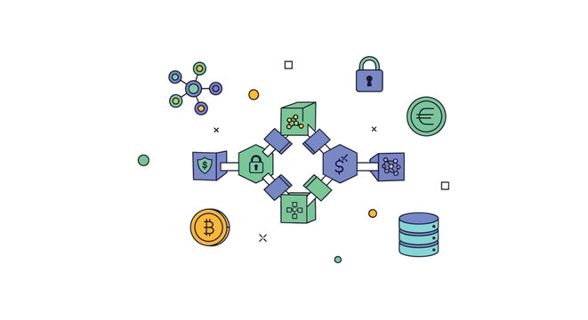 Cryptocurrency and blockchain technology icons.