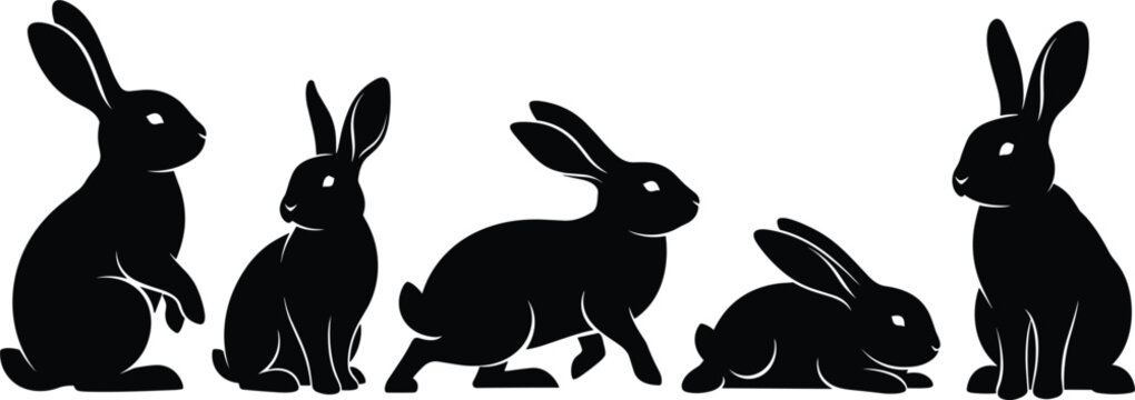 Black Rabbit Silhouettes in Various Poses for Spring, Nature, and Animal Themed Designs