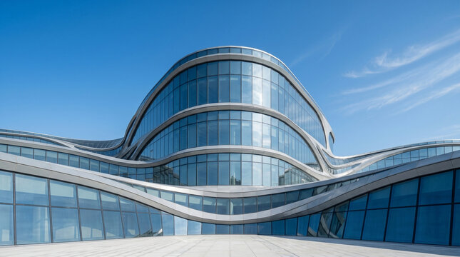 modern glass office building with curved architecture under clear blue sky