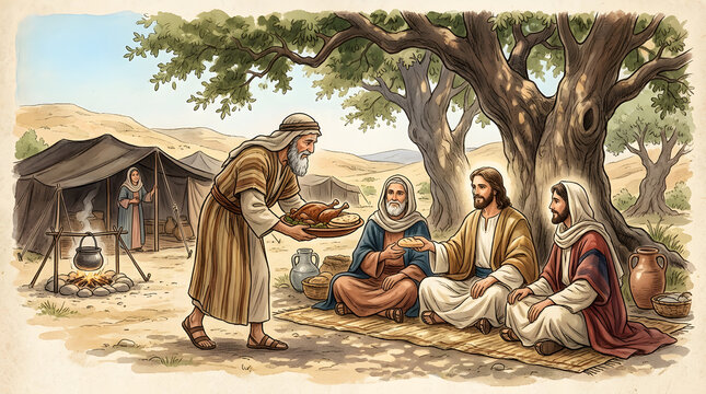 Biblical illustration of abraham serving three visitors under the oak of mamre