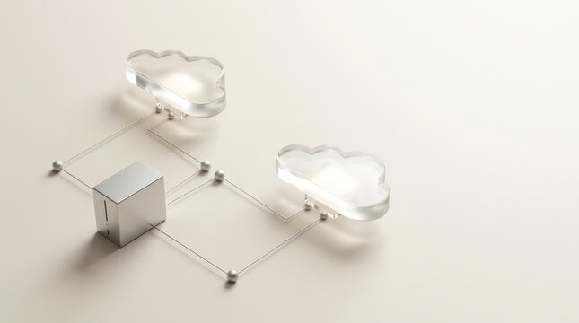 Minimal hybrid cloud orchestration floor map with transparent glass cloud volumes local server block silver node lines and warm copy space for technology banner