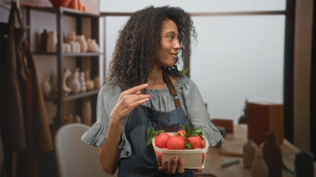 Woman wearing apron and gingham blouse holding basket of tangerines, fingers to hair, smiling and looking sideways in studio; quiet contentment.