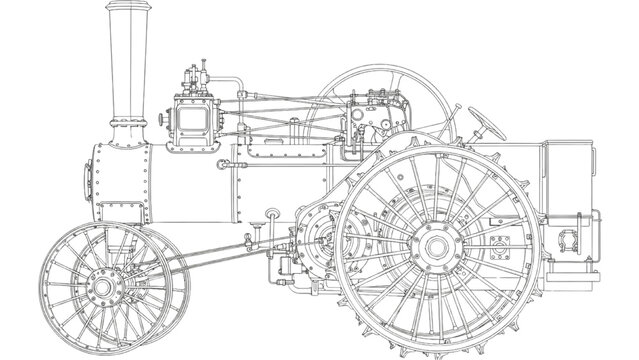 Steam Traction Engine Agricultural Machine Technical Line Drawing Illustration