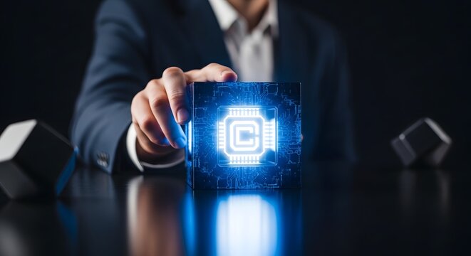 Businessman Touching a Glowing Quantum Computing Chip Cube