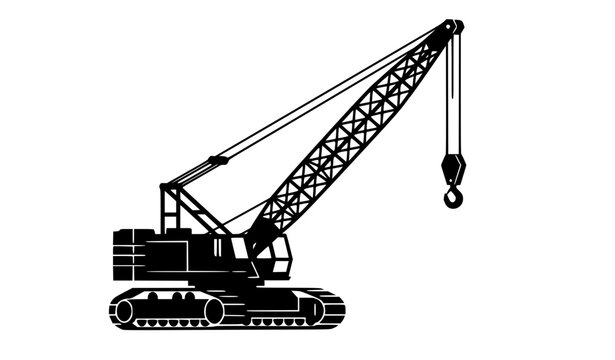 Heavy duty crawler crane black silhouette vector with boom hook and tracked base industrial icon isolated on white
