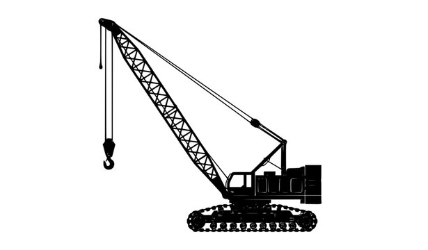 Crawler crane silhouette vector illustration with lifting boom and hook heavy construction machinery icon isolated on white background