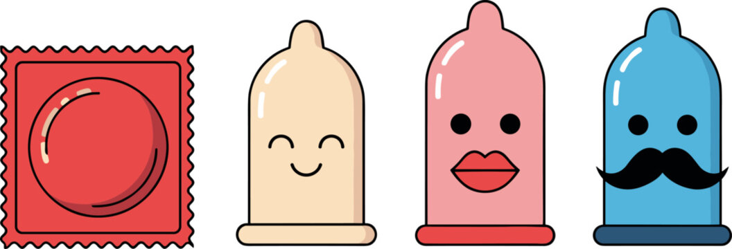 Condom Icons Set with Different Styles Safe Sex Protection Symbols Cartoon Design Healthcare Awareness Vector Illustration on White Background