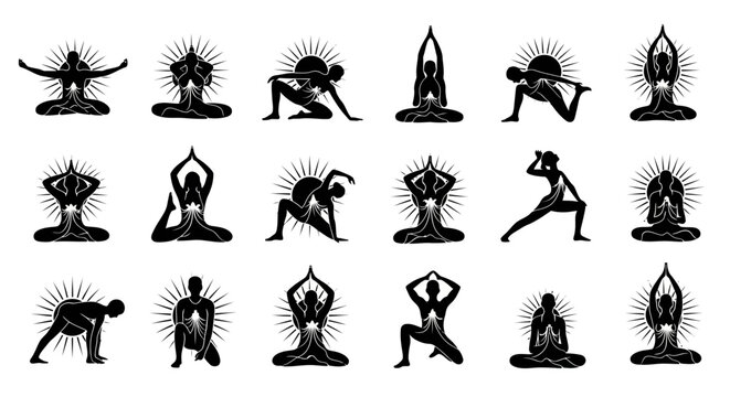 Yoga Silhouettes with Sunburst Energy Icons Vector Art. surya namaskar
