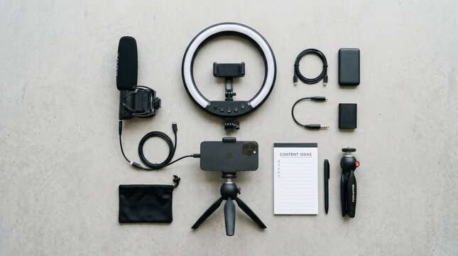 flat lay photography equipment setup with ring light and accessories on neutral background