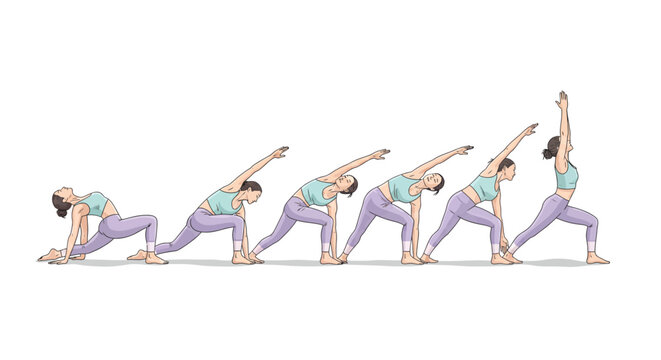 Yoga lunge pose sequence illustration showing step by step movement