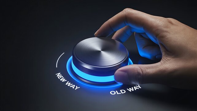 Hand turning modern control knob from old way to new way innovation concept