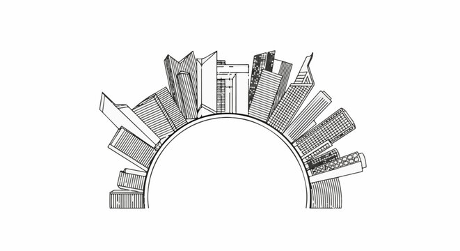 Stylized architectural drawing of city buildings arranged in a semi-circle