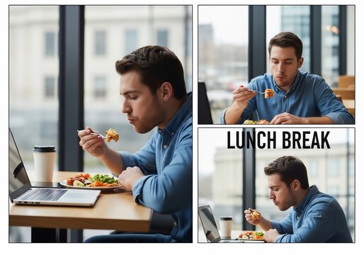Man's Focused Lunch Break: Savoring a Meal by the Window, Laptop Nearby.