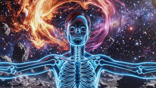 Human skeleton in space with energy aura perfect for IT presentations and tech marketing