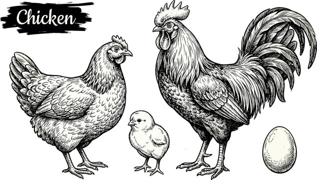 Chicken Farm Animal Set with Hen Rooster Chick and Egg Hand Drawn Engraving Style Illustration for Agriculture Poultry and Organic Food Design