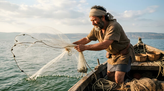 Ancient fisherman casting a net from a wooden boat on the sea of galilee, biblical historical scene