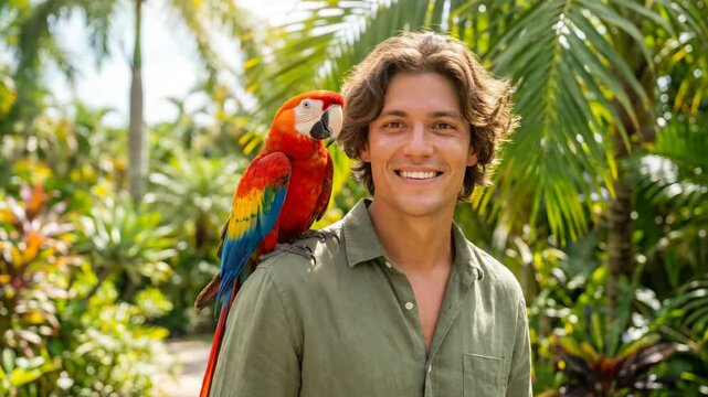 Smiling man with colorful parrot on shoulder in tropical garden, exotic bird interaction, travel and wildlife experience, outdoor leisure and tourism concept