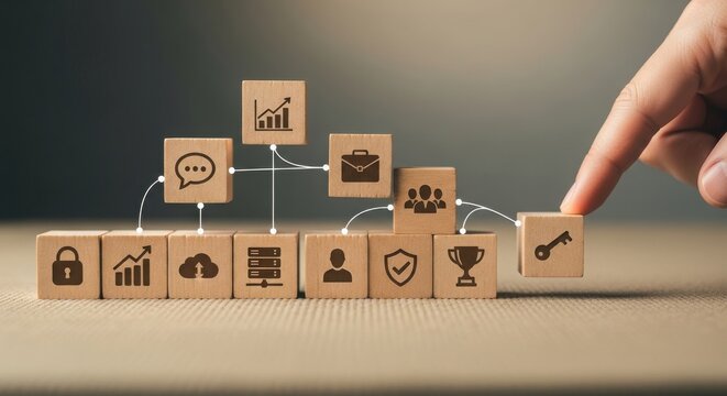 Illustrated business process flowchart with hand placing key