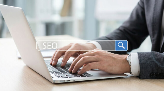 SEO concept with businessman typing on laptop and virtual search bar, symbolizing search engine optimization strategy
