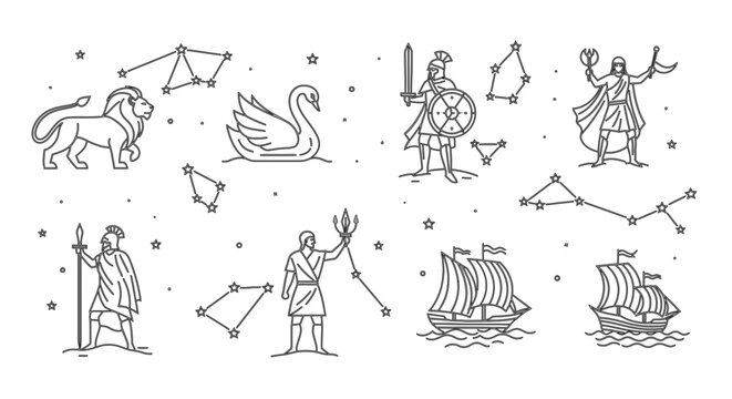Zodiac constellations, astrology icons, line art illustrations, celestial symbols, star charts