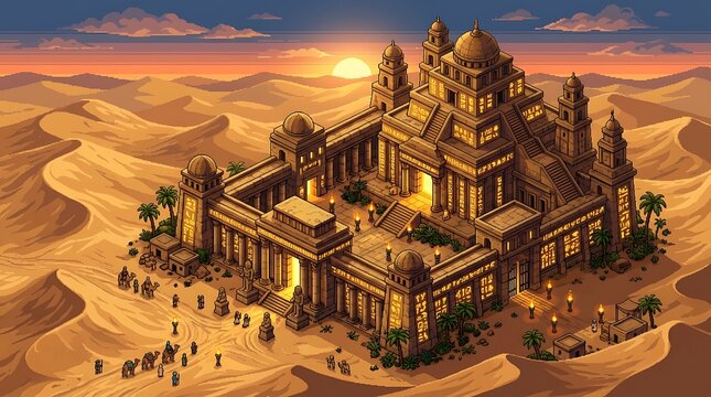Ancient stone temple with glowing hieroglyphics and intricate architectural tower designs