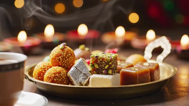 A plate of traditional Indian sweets and a cup of tea, ideal for cultural celebrations and festive occasions