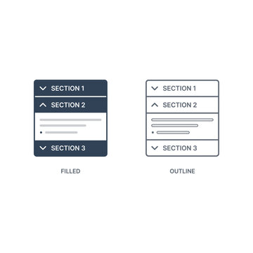 Website UI navigation menu dropdown examples: filled dark theme and outline light theme, clearly showing section selection and expansion for web design concepts.