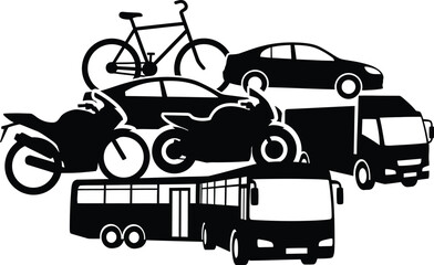 Obraz premium Black Silhouettes of Motorcycle, Bicycle, Car and Bus, Truck on White Background