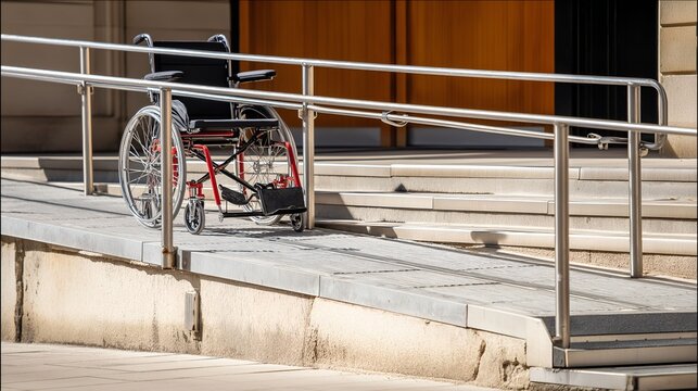 accessible. An urban wheelchair ramp under daylight, highlighting accessible design with clean and functional architecture. real-estate listings.