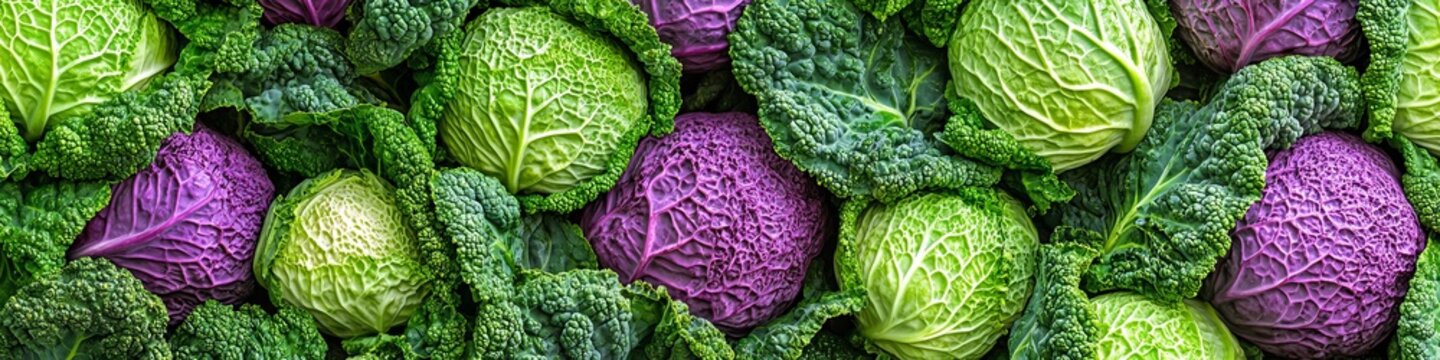 A vibrant display of tightly layered cabbage heads showcasing rich greens and purples in abundance.