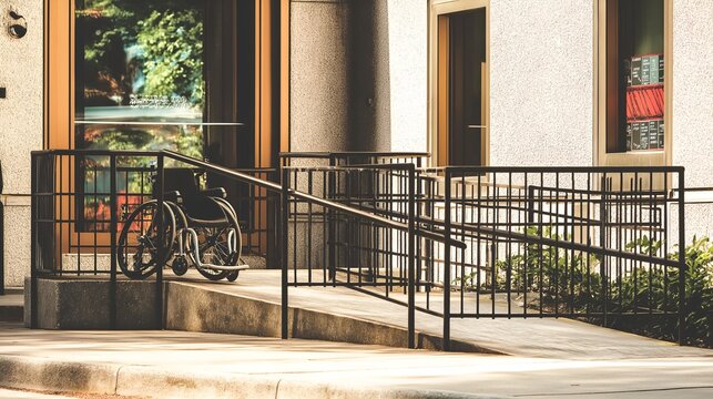 accessible. An urban wheelchair ramp under daylight, highlighting accessible design with clean and functional architecture. real-estate listings.
