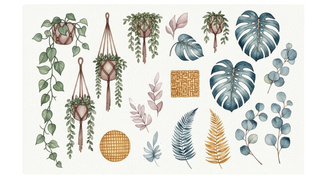 Bohemian Style Plant Illustration Collection with Macrame Hangers