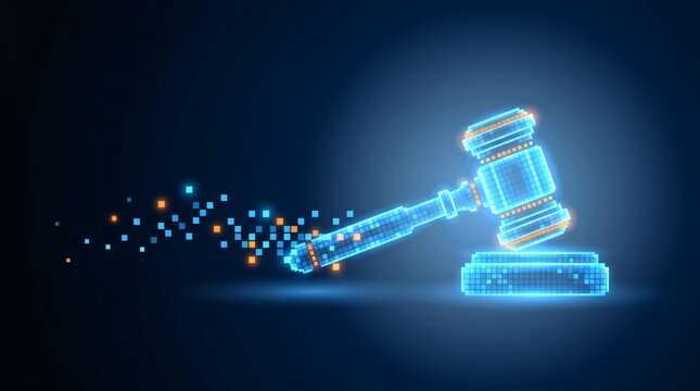Glowing pixelated gavel represents digital justice, legal technology, data security, and the future of law in the modern, connected world.