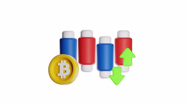 3d ux icon motion displays cryptocurrency bitcoin price changes with red and blue cylinders. Perfect for financial reports, blockchain presentations, and cryptocurrency market analysis.