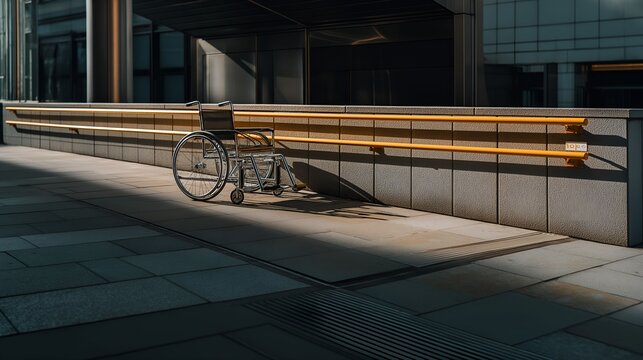 accessible. An urban wheelchair ramp under daylight, highlighting accessible design with clean and functional architecture. real-estate listings.