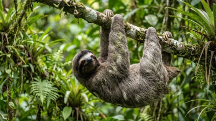 Fototapeta premium Sloth Hanging on Tree in Amazon Rainforest Calm Wildlife Lifestyle Scene