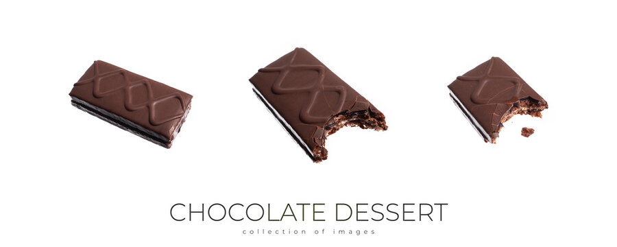 Glazed curd in chocolate and two halves on a white, isolated.