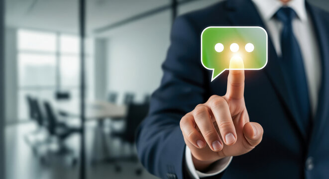 Sales manager using chat interface for lead response workflow, helping B2B teams present message automation, help desk replies and service request handling in office technology materials