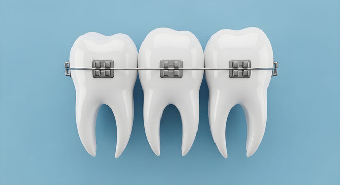 Orthodontic metal braces on white human teeth model, dental alignment treatment concept, stomatology correction on blue background